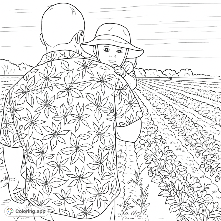 A sweet baby in a sunhat looks over dad's shoulder in a strawberry field.  A heartwarming family moment to color and enjoy!