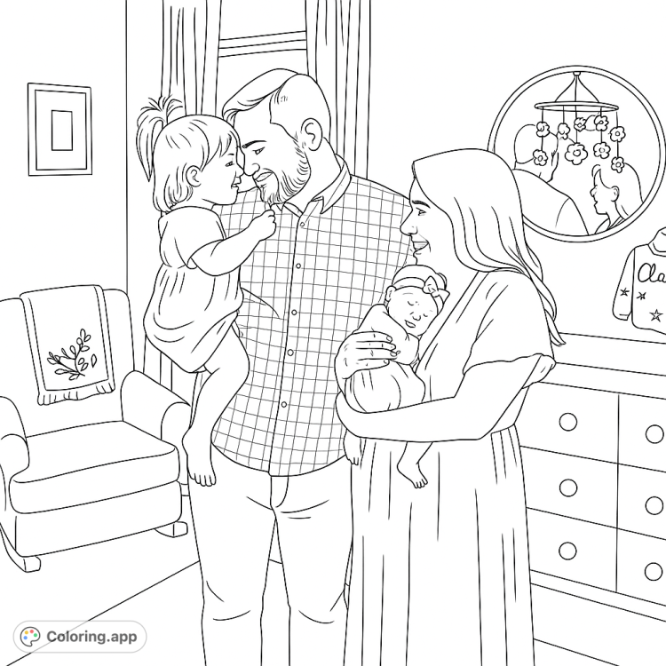 A heartwarming family portrait featuring parents with their newborn and toddler.  A tender moment captured in a cozy nursery setting.