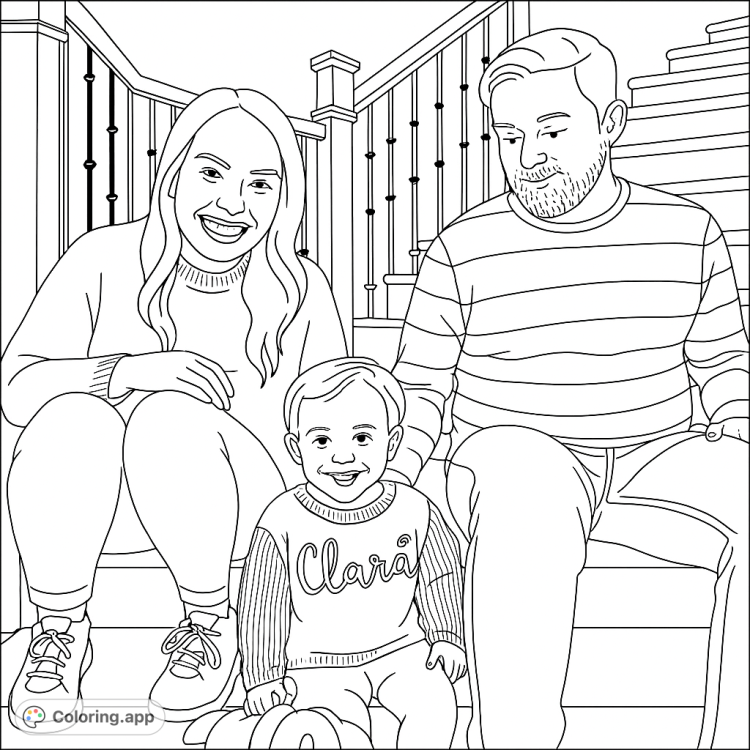 A happy family portrait on the stairs, ready to be filled with color!  Capture the warmth of this family moment in your own unique style.