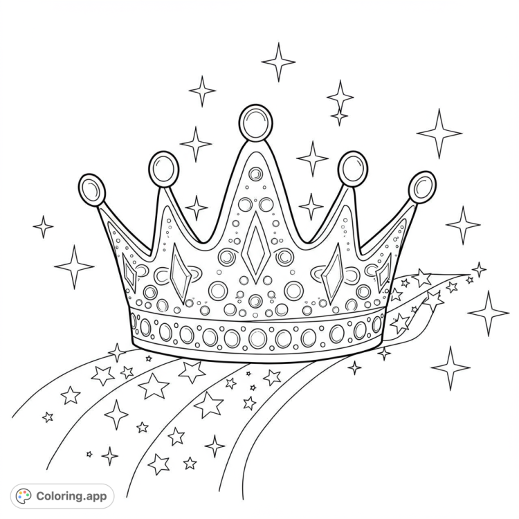A fantasy coloring page featuring a sparkling crown on a sparkle path.  Perfect for kids who love magical themes and creative coloring fun!