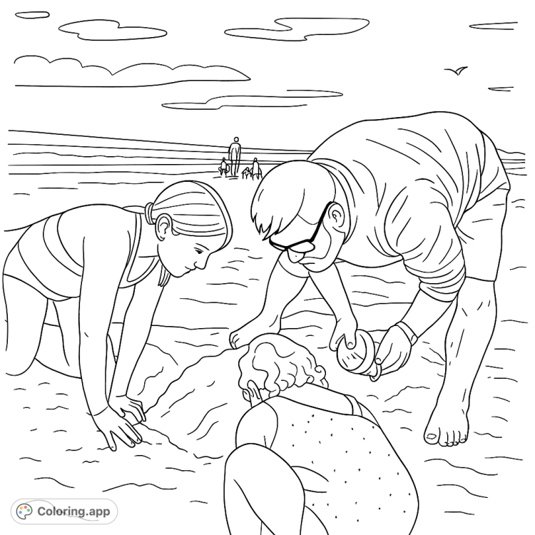 A family day at the beach building a sandcastle.  This coloring page is perfect for kids who love summer, family time, and beach activities.