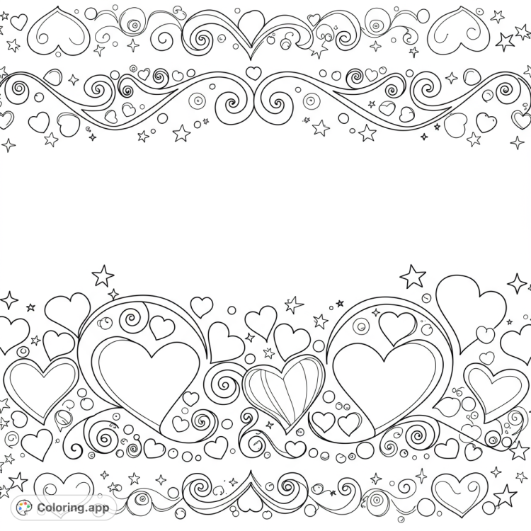 A beautiful coloring page featuring a pattern of hearts and swirls, with a heart border and stars.  Perfect for kids and adults to enjoy and relax with.