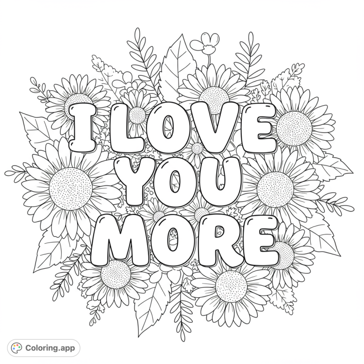 Cursive "I love you more" with sunflowers and daisies.  A beautiful floral design perfect for coloring.