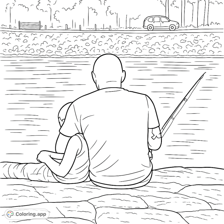 A father and child fishing together by the river.  A heartwarming scene to color, perfect for family bonding and creative fun.