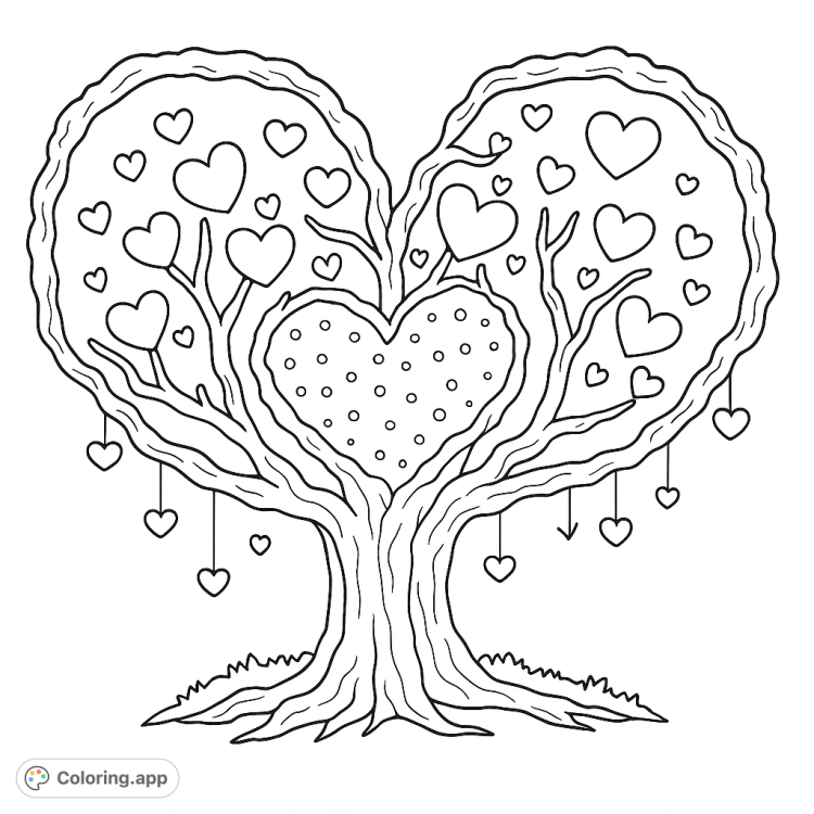 Enchanting heart tree coloring page.  A whimsical design with heart-shaped leaves and trunk, perfect for Valentine's Day or love-themed art projects.