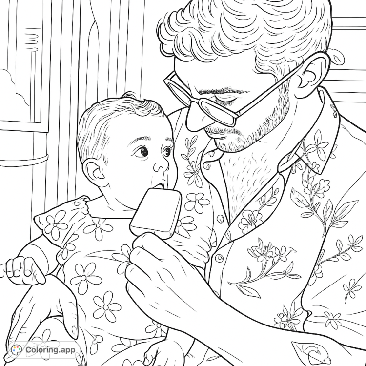 Delightful coloring page of a baby enjoying a popsicle with her dad.  A heartwarming scene to color!