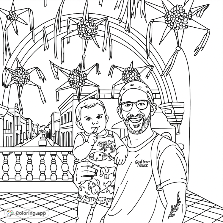 A festive coloring page featuring traditional Mexican star-shaped piñatas.  Capture the joy of a fiesta with this cultural design.