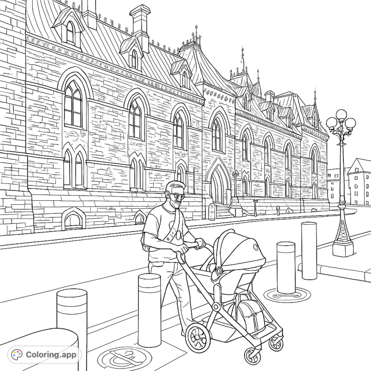 A dad pushes a stroller in front of a grand building.  This coloring page features intricate architectural details and a modern family scene.