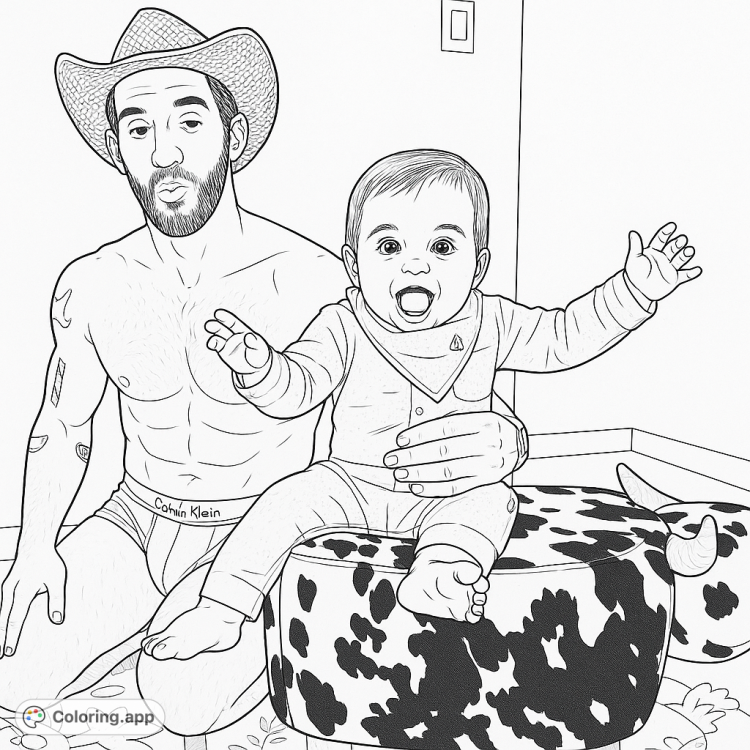 A fun coloring page of a cowboy and his baby!  This adorable image is perfect for kids and adults who love cowboys and babies.