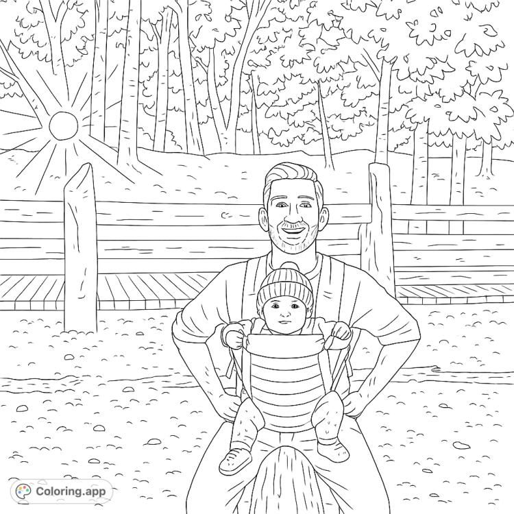 A heartwarming coloring page of a father and baby in nature.  This sweet scene is perfect for family fun and creative expression.