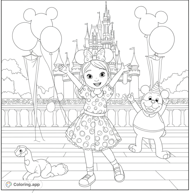 Olivia celebrates her 6th birthday at Disney World!  A fun, detailed black and white line drawing perfect for kids to color.
