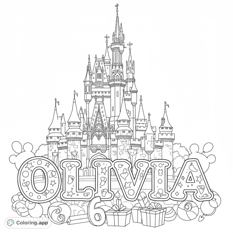 Celebrate Olivia's 6th birthday with a magical Disney World castle coloring page!  Features the name Olivia in a playful font.