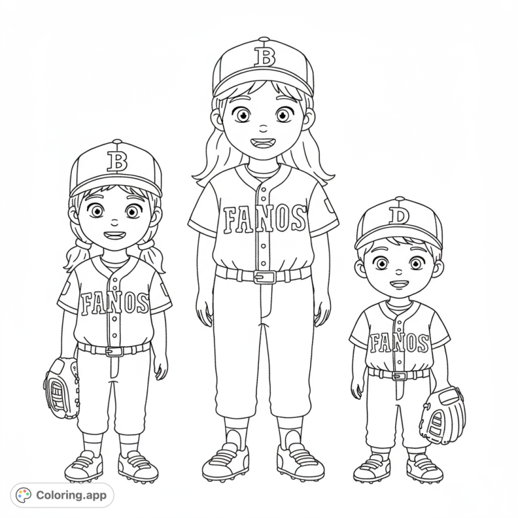 Adorable baseball players!  A 7-year-old girl and two young boys in baseball uniforms, ready to color.
