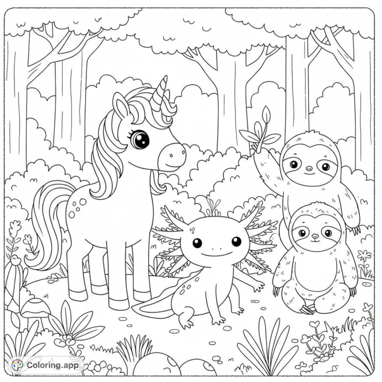 Magical coloring page featuring a unicorn, axolotl, and sloth in a whimsical forest setting.  Perfect for kids and adults.