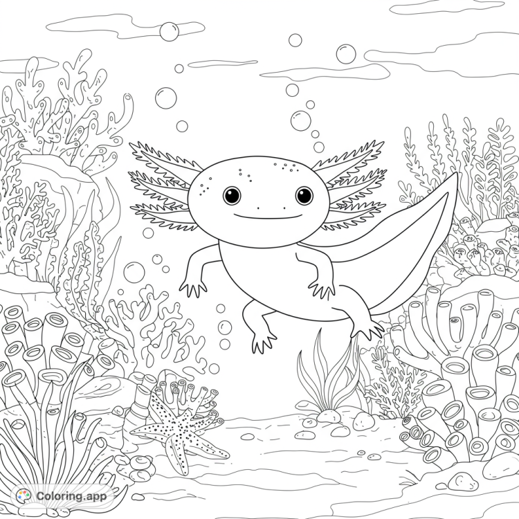 Adorable axolotl swims in a detailed coral reef!  This black and white line art coloring page features playful axolotl, easy to color.