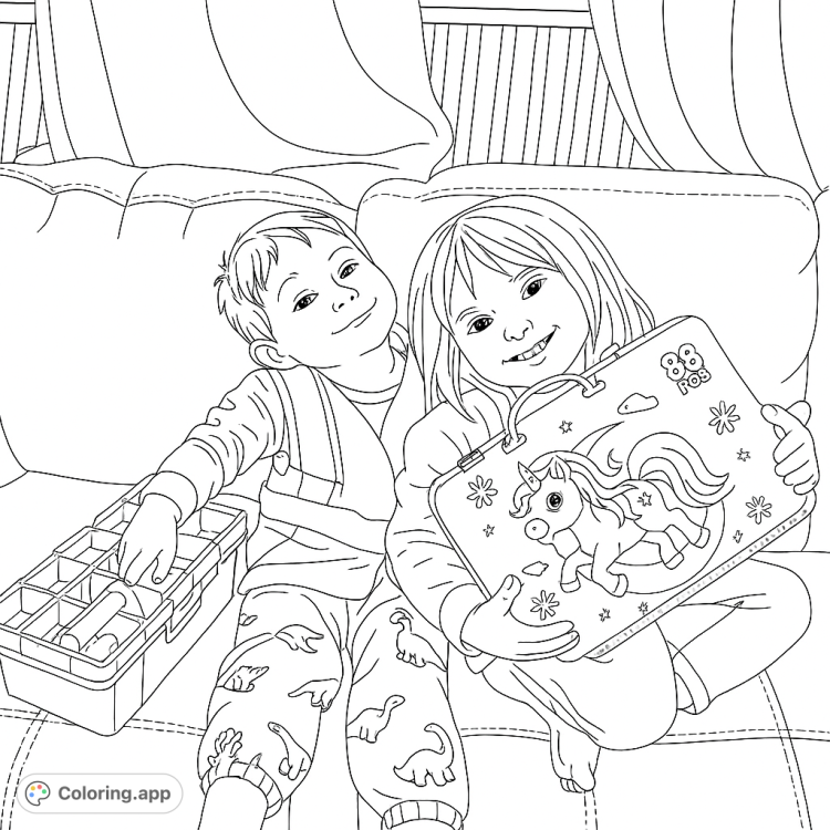 A brother and sister with their toys.  One has a tool box and the other has a unicorn art set.