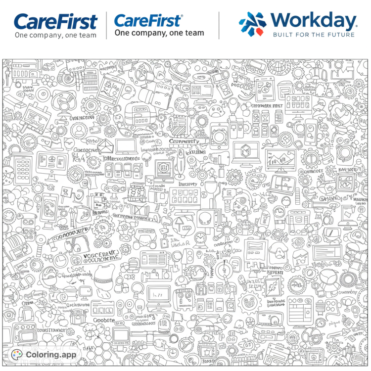 Intricate adult coloring page featuring tech icons and Workday/CareFirst logos.  Includes keywords like 'Innovation' and 'Customer First'.