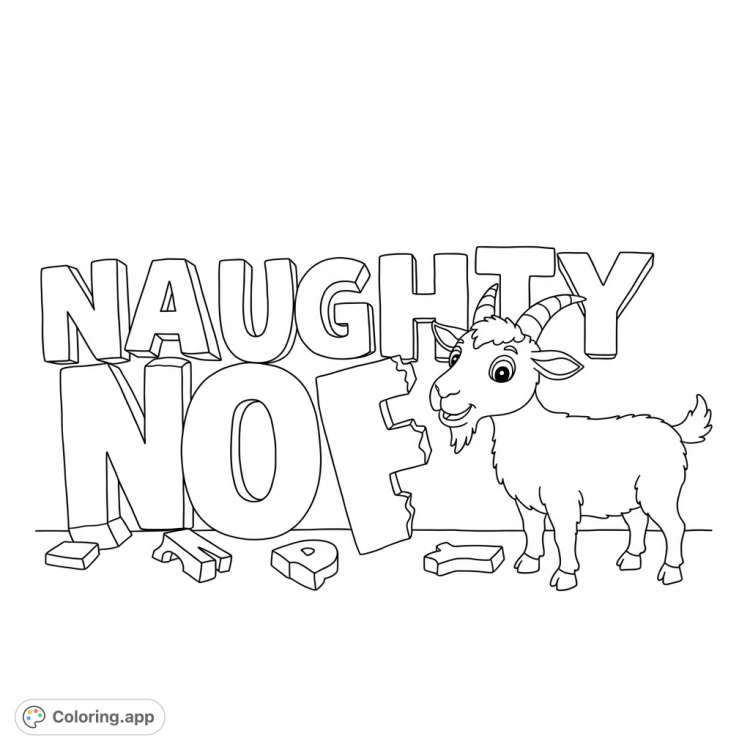 A mischievous cartoon goat chews on "Naughty" letters!  This fun black and white line art coloring page features bold lines, playful details, and open spaces for creative coloring.