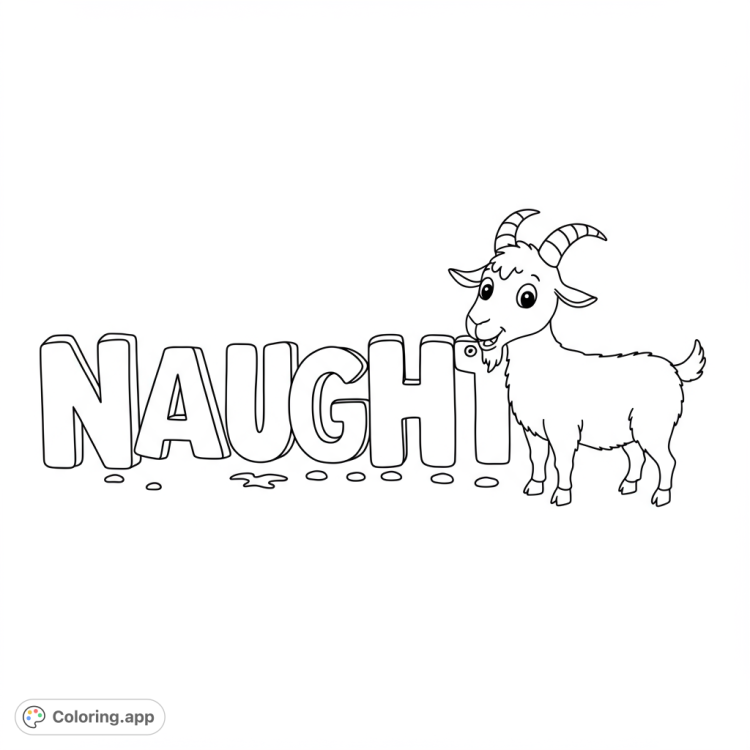 A mischievous cartoon goat chews on "Naughty" letters!  This fun black and white line art coloring page features bold lines, detailed areas, and open spaces for creative coloring.