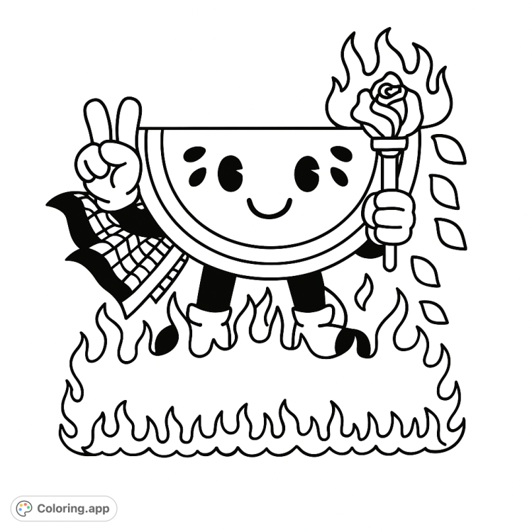Whimsical watermelon character with a rose torch, standing on flames.  A fun, quirky design to color!