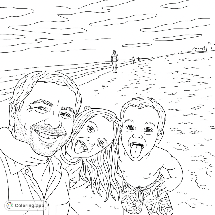 A happy family selfie on the beach!  Features a dad with his two kids, all smiling and enjoying a day at the shore.