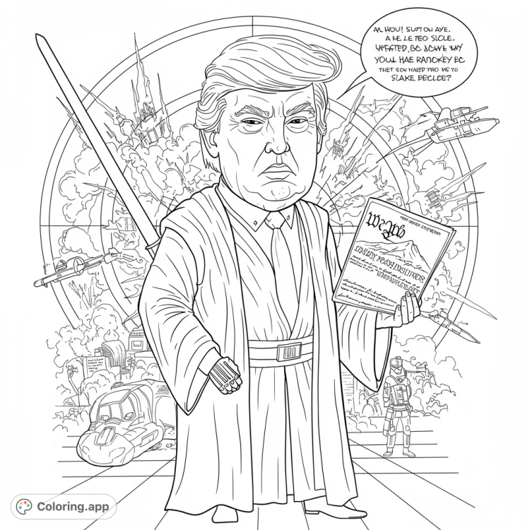 Sith Lord Trump coloring page!  A detailed black and white line art drawing of Trump as a Star Wars Sith, holding the Constitution, ordering an attack on LA.