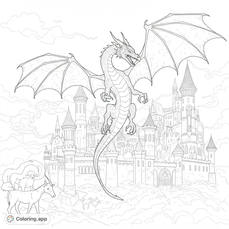Dragon Soaring Over Medieval Castle