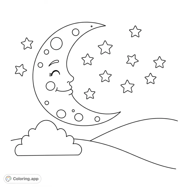 Smiling Moon and Stars Coloring Page