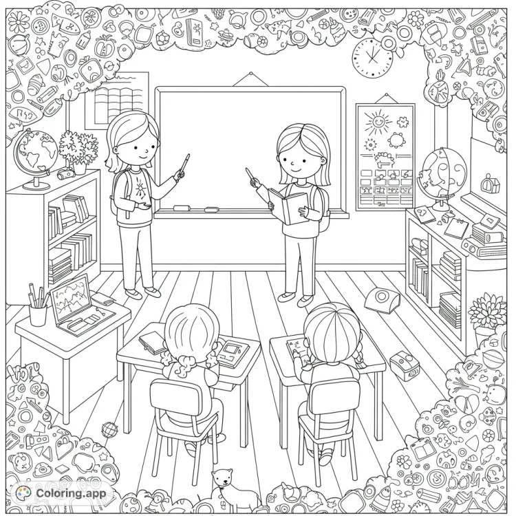 Teachers in a Cozy Classroom Coloring Page