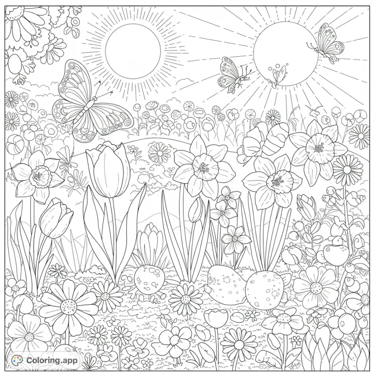 Springtime Flowers and Butterflies Coloring Page