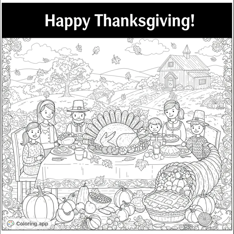 Thanksgiving Family Feast Coloring Page