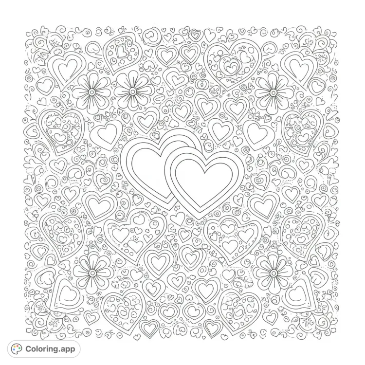 Heart and Flower Pattern Coloring Page
