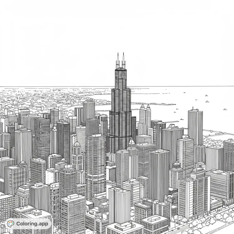 Chicago Skyline Sunset Coloring Page