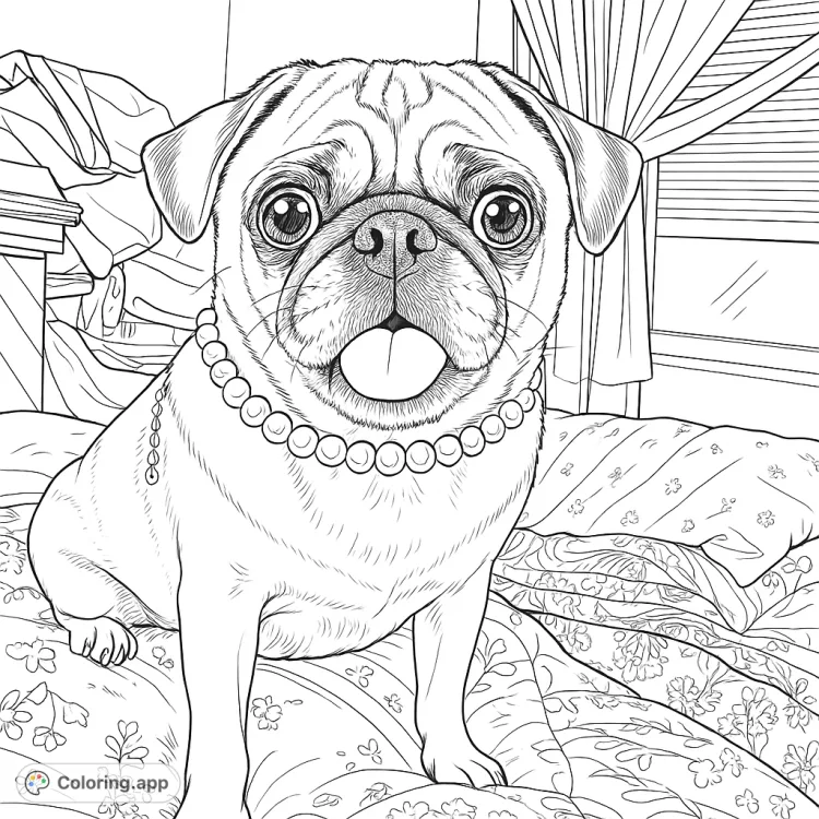 Pug with Pearl Necklace Coloring Page