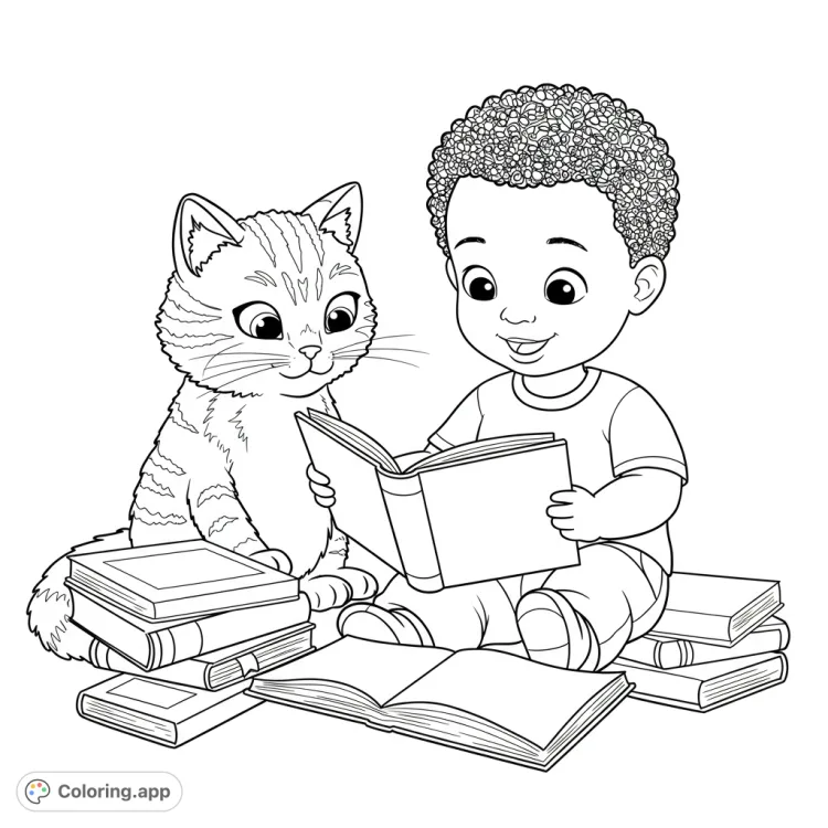 Boy and Cat Reading Together
