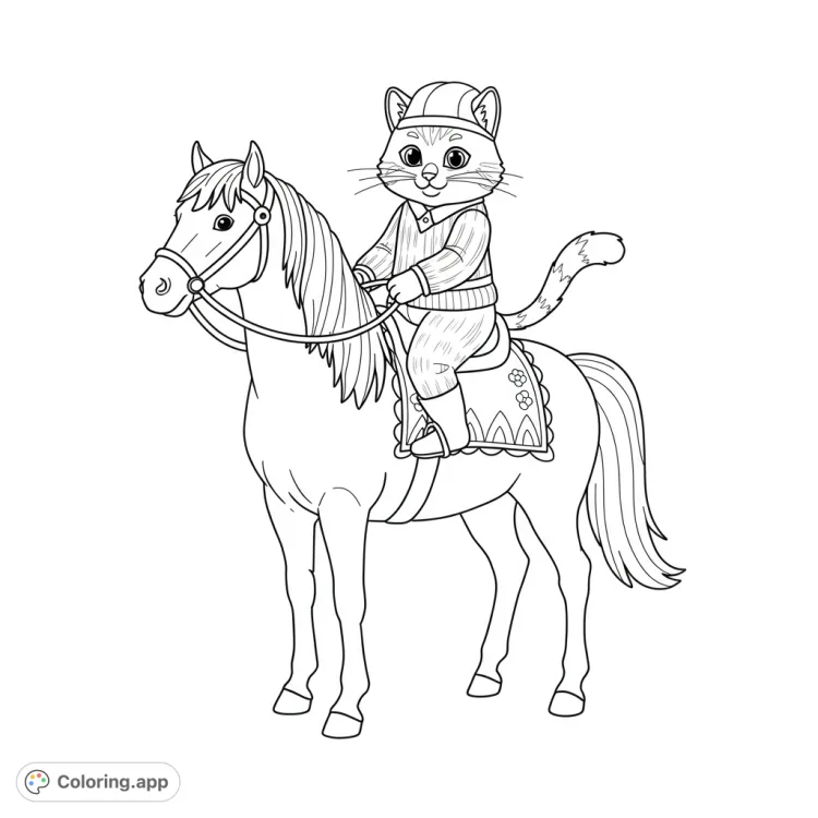 Cat Riding Horse Coloring Page