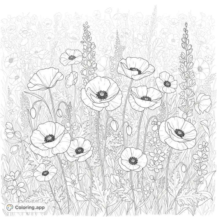 Field of Mixed Flowers Coloring Page