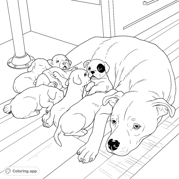 Dog Mom and Puppies Cuddle