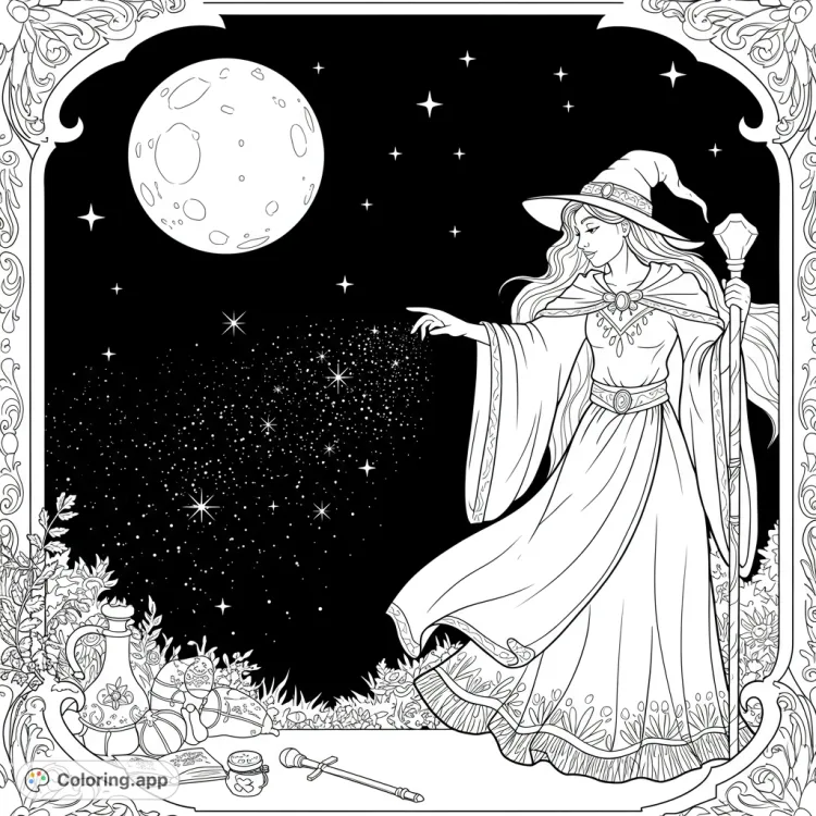 Moonlit Magic Spell Coloring Page
