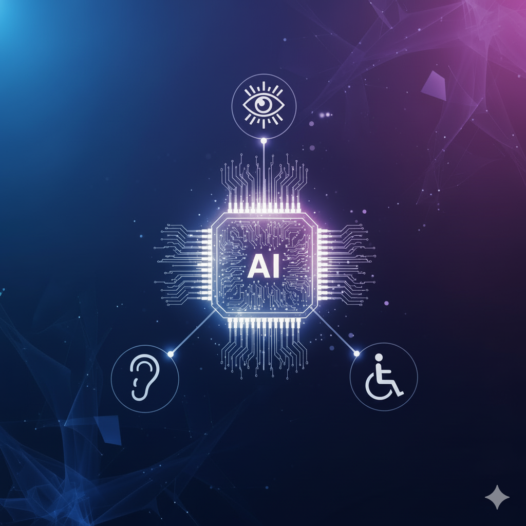 Abstract illustration of AI supporting accessibility, showing icons for vision, hearing, and mobility around a central AI chip