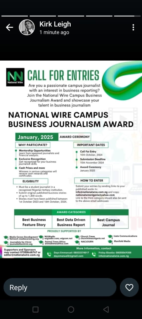 National Wire Launches Business Journalism Award for Nigerian Campus Journalists - FinancialEDGE