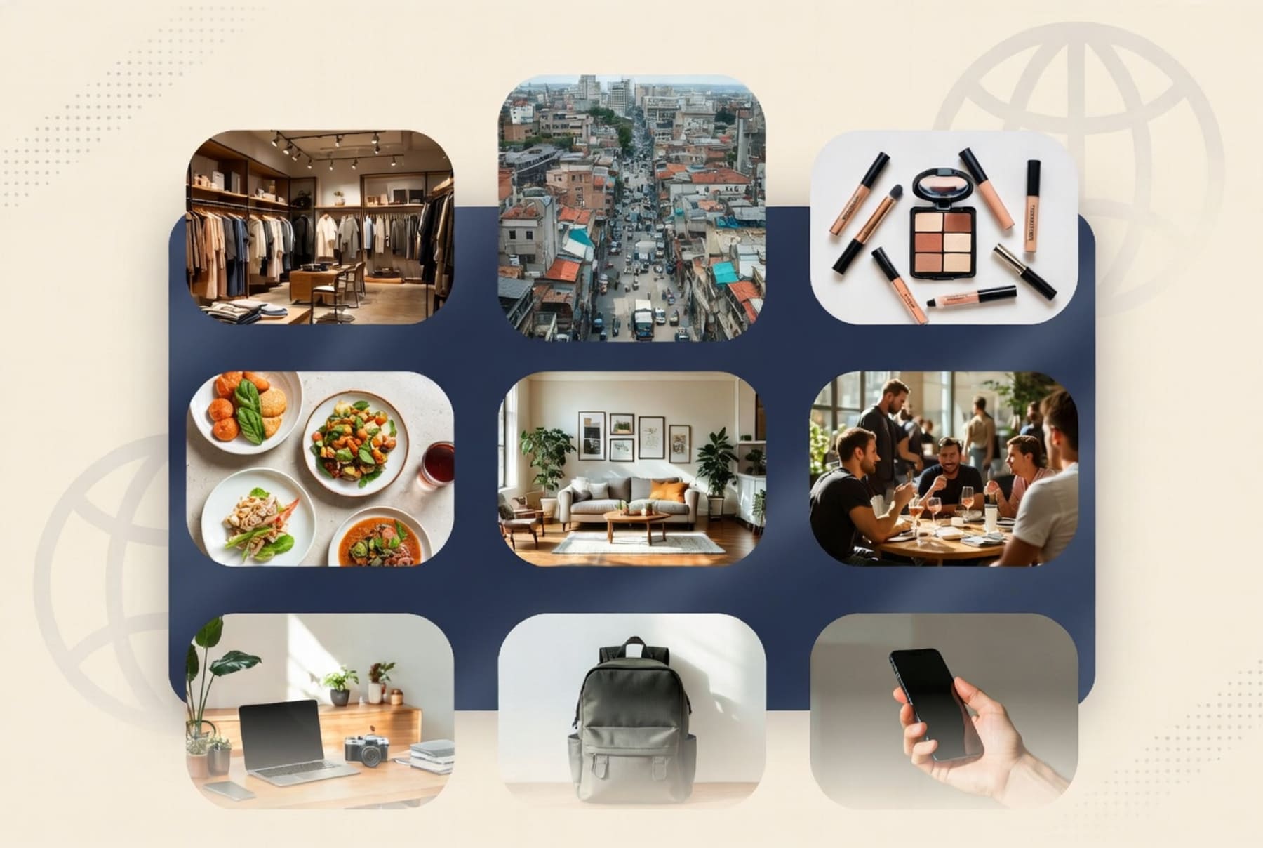 Marketplace category collage featuring fashion, beauty, food, interiors, dining, workspace gear, bags, and mobile shopping.