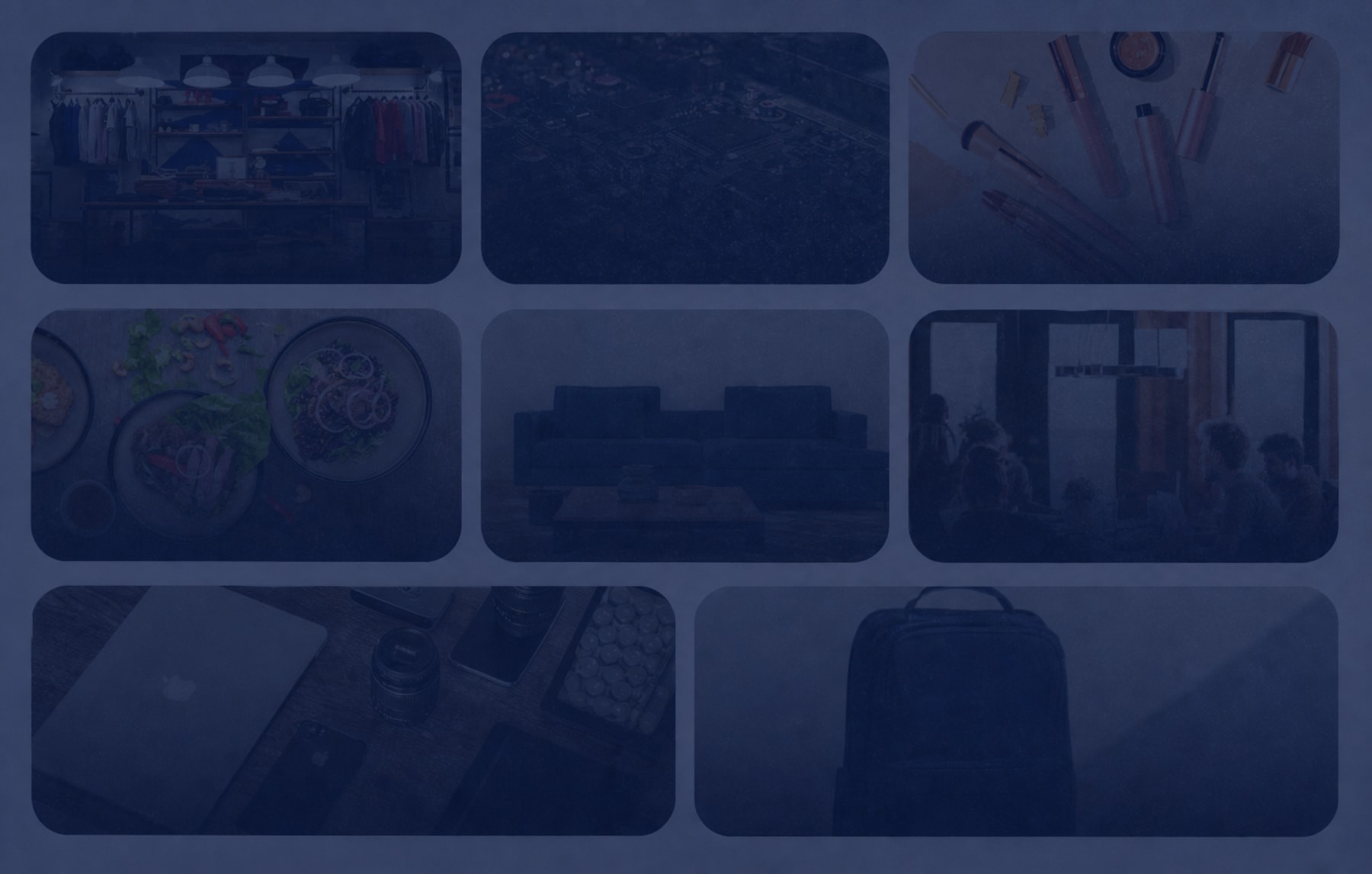 Darkened marketplace grid of store categories with room for bright exploration copy over the lower-left area.