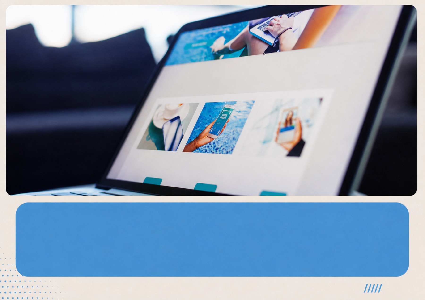 Laptop storefront mockup with product imagery above a wide blue lower band reserved for marketplace messaging.