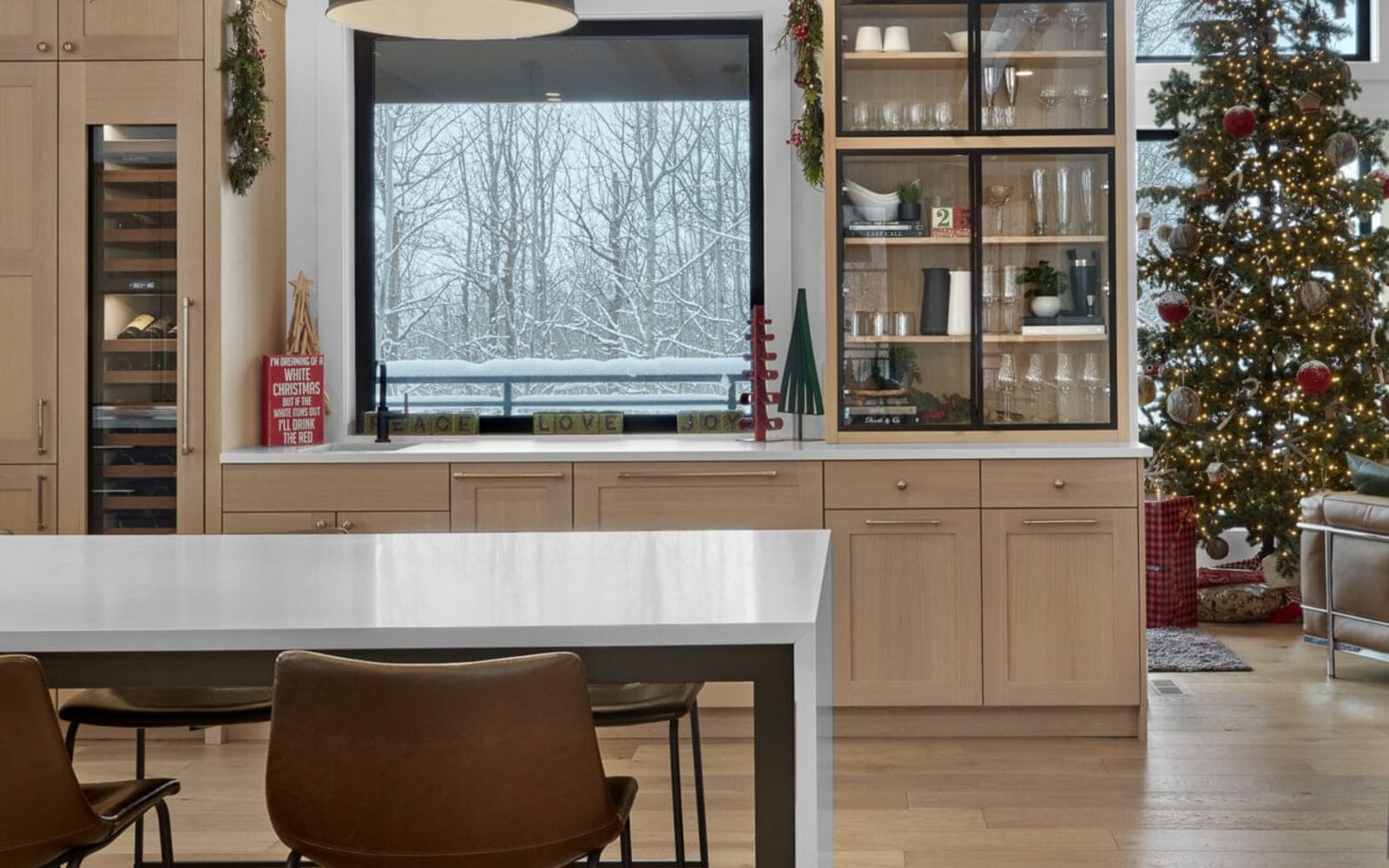Walnut kitchen with open shelving and stone counters
