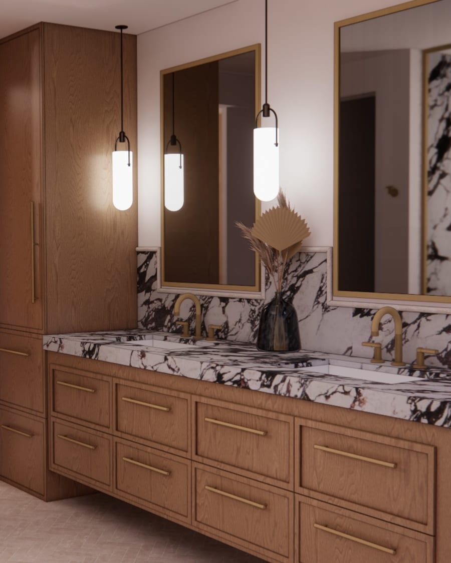 Oak vanity with marble slab backsplash
