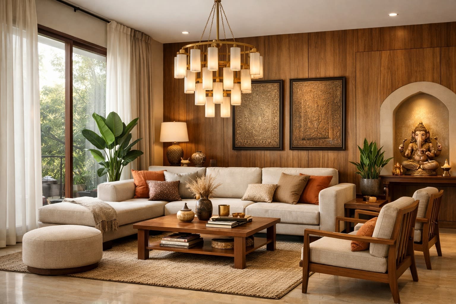 Modern Indian living room interior design with wood and neutral finishes