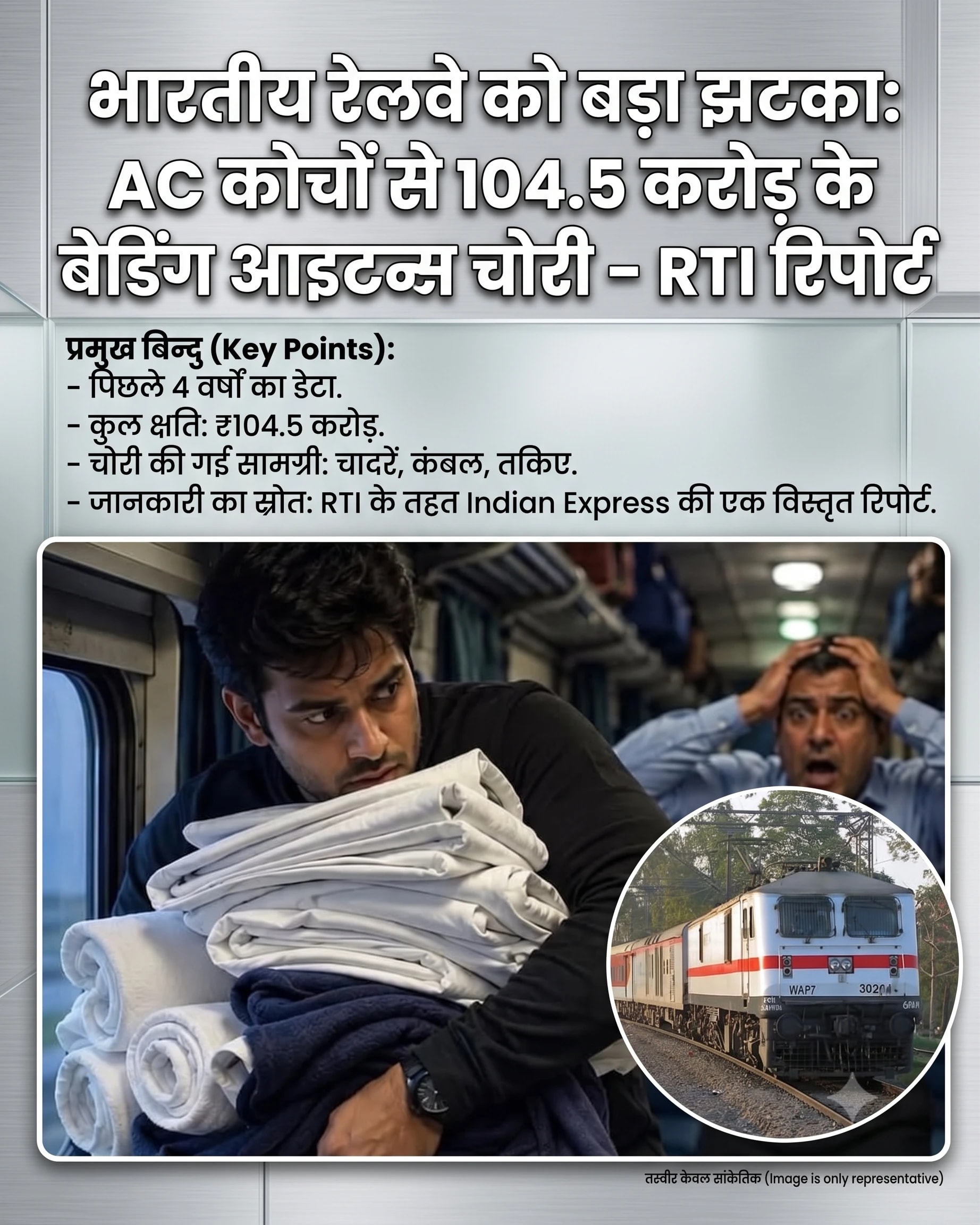 भारतीय रेलवे को लगा बड़ा झटका, 4 साल में 104.5 करोड़ के बेडिंग आइटम चोरी