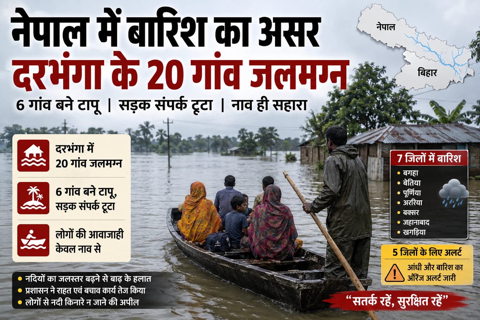 नेपाल में भारी बारिश का असर: दरभंगा के 20 गांवों में नाव ही सहारा, 6 गांव बने टापू; 7 जिलों में बारिश, 5 जिलों के लिए अलर्ट