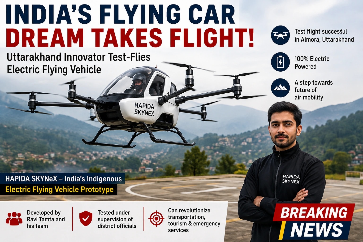 India’s Flying Car Dream Takes Flight: Uttarakhand Innovator Successfully Tests Electric Flying Vehicle